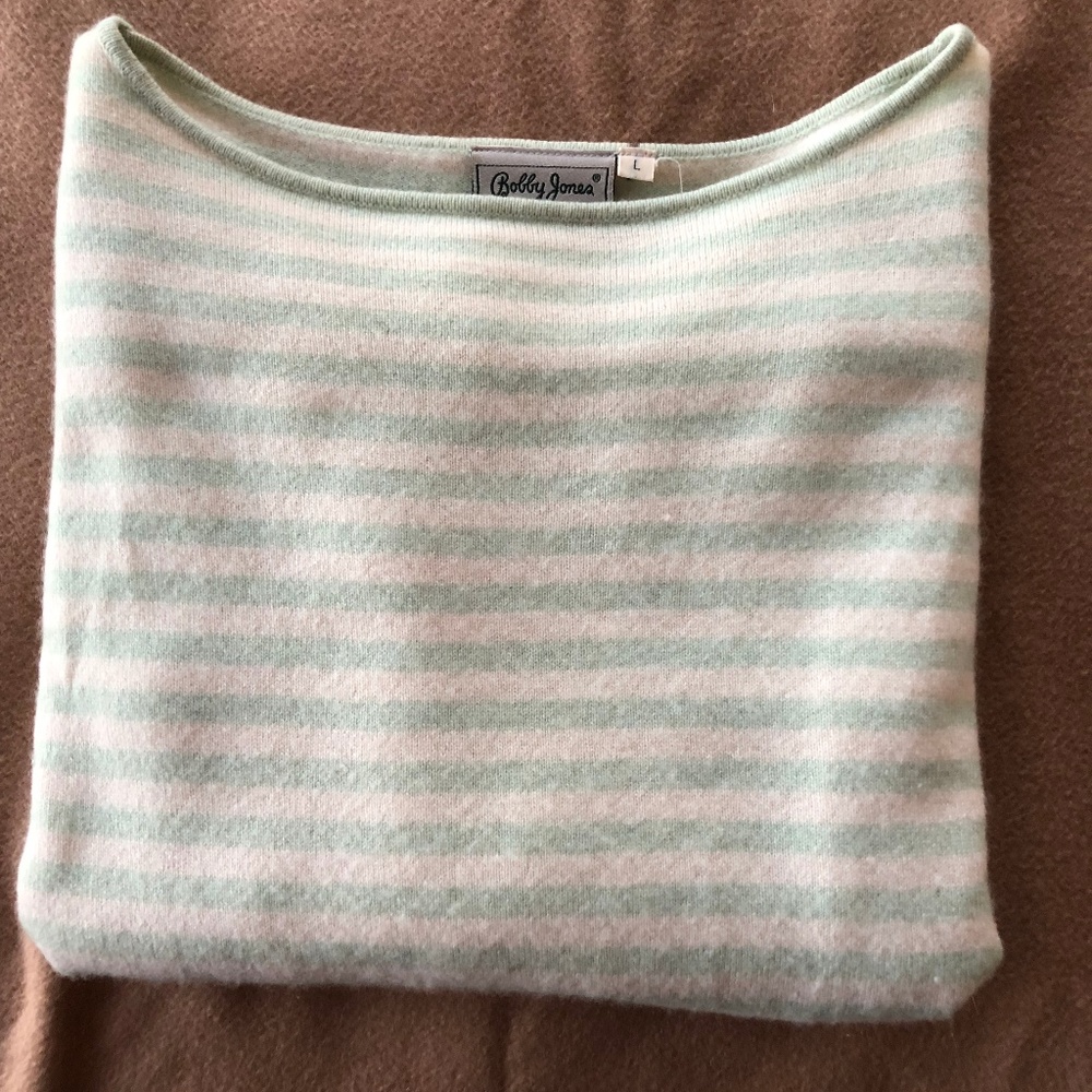 White and Aqua Striped Cashmere Sweater